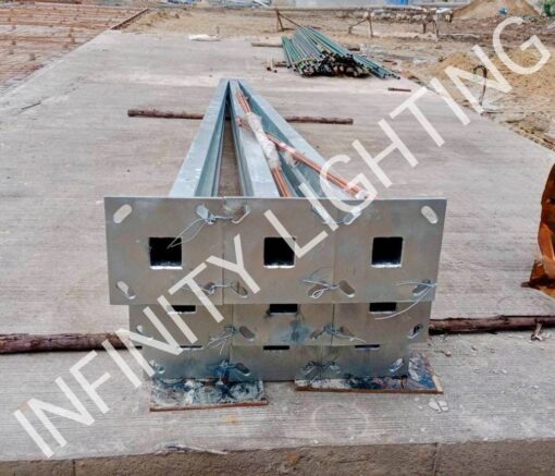 งานเสาเหลี่ยม 4"×4" สูง 6 เมตร กิ่งคู่ปีกนก ชุบกัลวาไนซ์ พร้อมกราวด์หรอด 5/8×2.4m+สายกราวด์